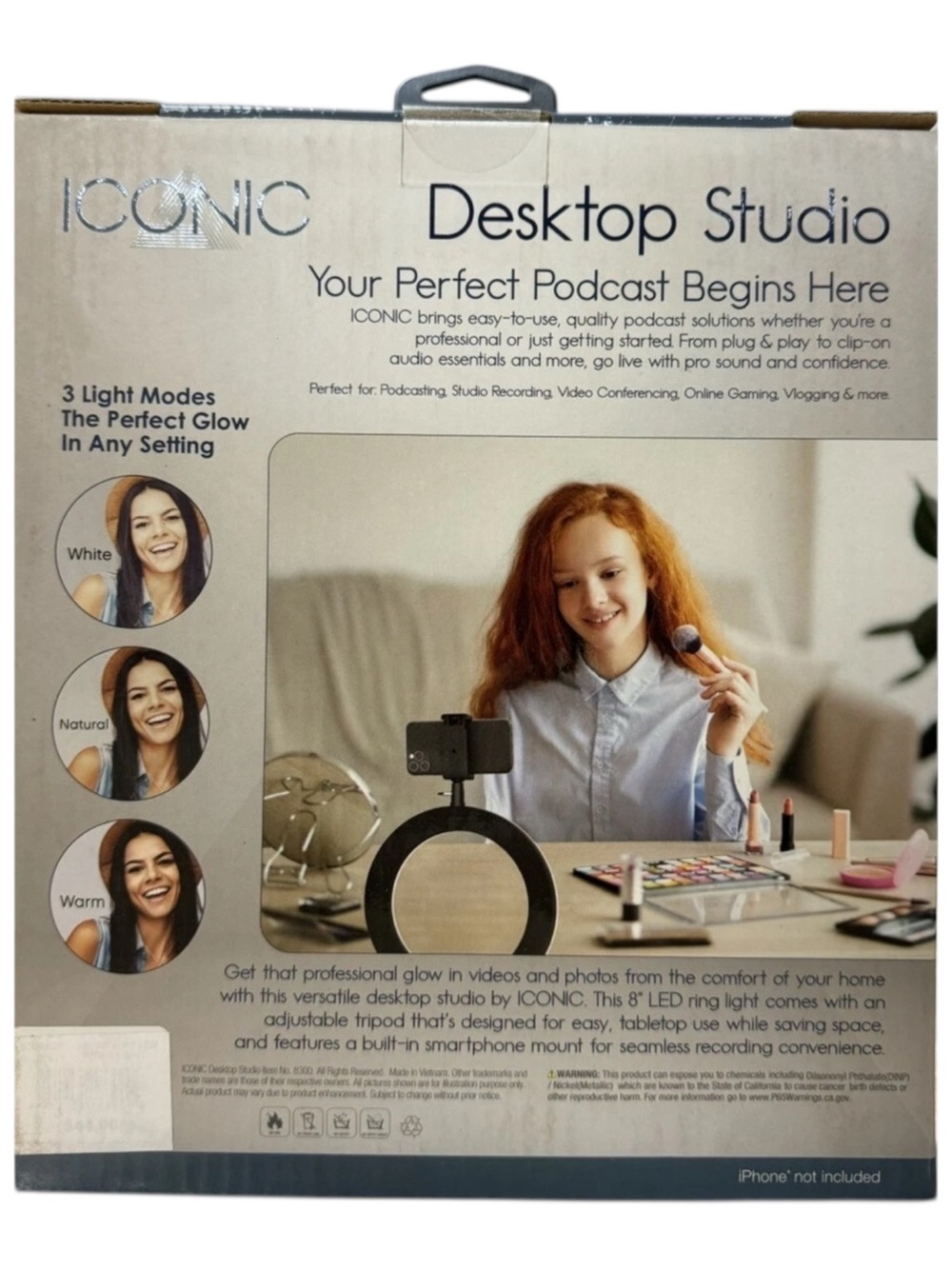 ICONIC Desktop Studio Ring Light with Tripod - Black with phone mount. NWT